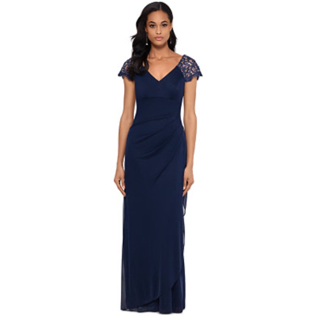 X By Xscape Lace-Sleeve Chiffon Gown Navy Size 8p